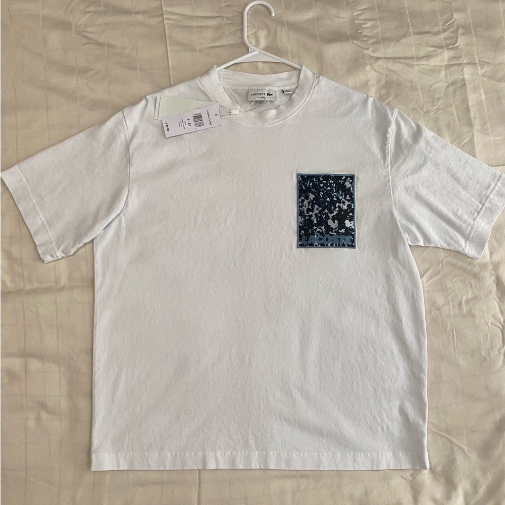 Lacoste White Tee with Patterned Blue Pocket